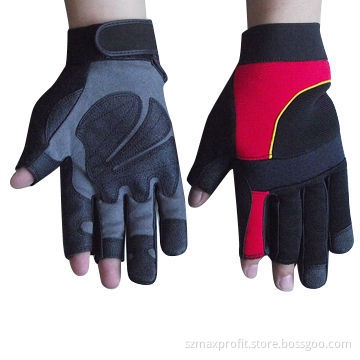 Fingerless Work Red and Gray Black Gloves, Adjustable Hook and Loop